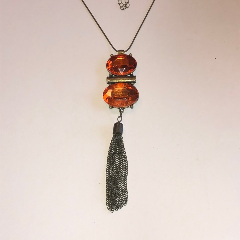 Orange Rhinestone Pendant Tassel Boho Necklace